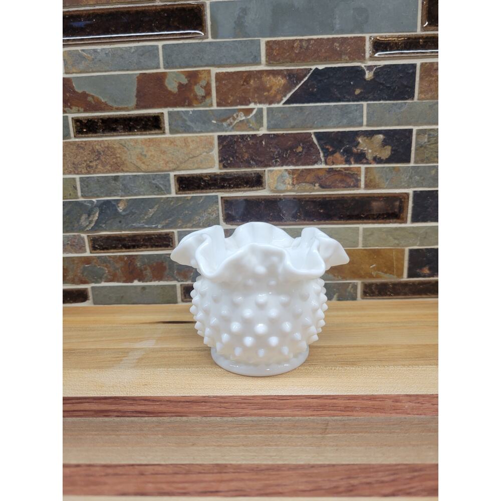 Vintage Fenton Small Double Crimped Vase Hobnail Milk Glass